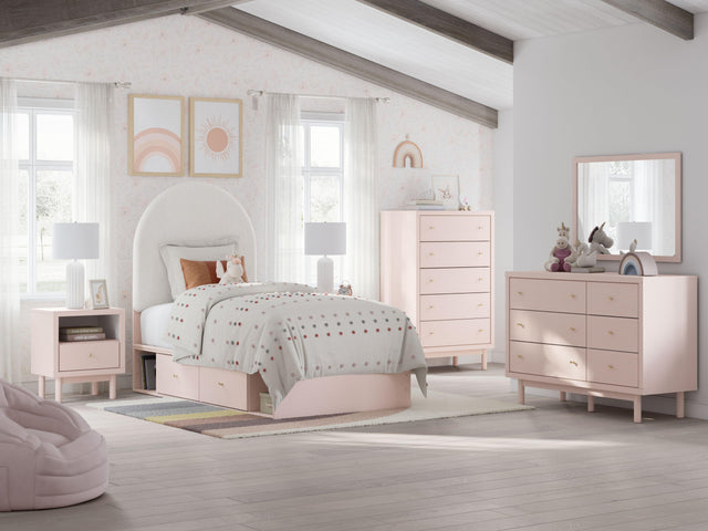 Ashley Wistenpine - Blush - 6 Pc. - Dresser, Mirror, Twin Upholstered Panel Bed With Side Storage
