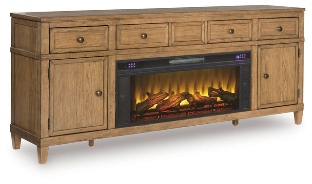 Ashley Sharlance - Light Brown - 81" TV Stand With Electric Infrared Fireplace Insert