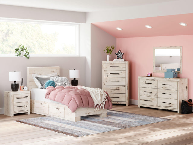Ashley Lawroy - Light Natural - 7 Pc. - Dresser, Mirror, Twin Panel Bed With 2 Under Bed Storage Units