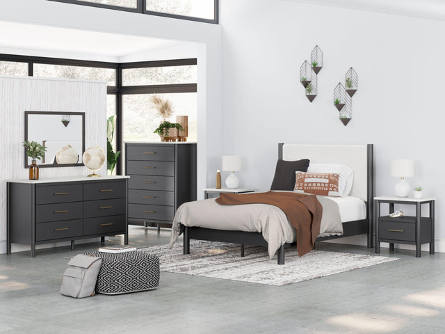Ashley Cadmori - Black / White - 7 Pc. - Dresser, Mirror, Full Upholstered Panel Bed, 2 Nightstands