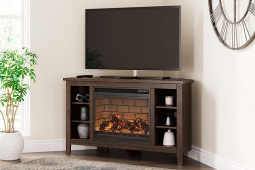 Ashley Camiburg - Warm Brown - Corner TV Stand With Faux Firebrick Fireplace Insert