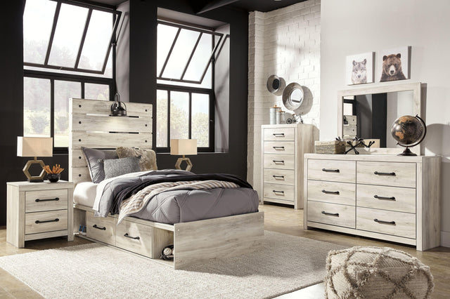 Ashley Cambeck - Whitewash - 7 Pc. - Dresser, Mirror, Chest, Twin Panel Bed with Side Storage Drawers