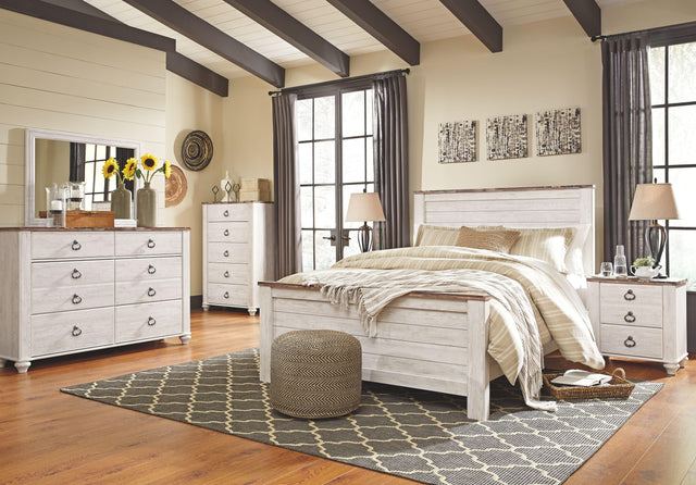 Ashley Willowton - 6 Pc. - Dresser, Mirror, Chest, Queen Panel Bed - Whitewash
