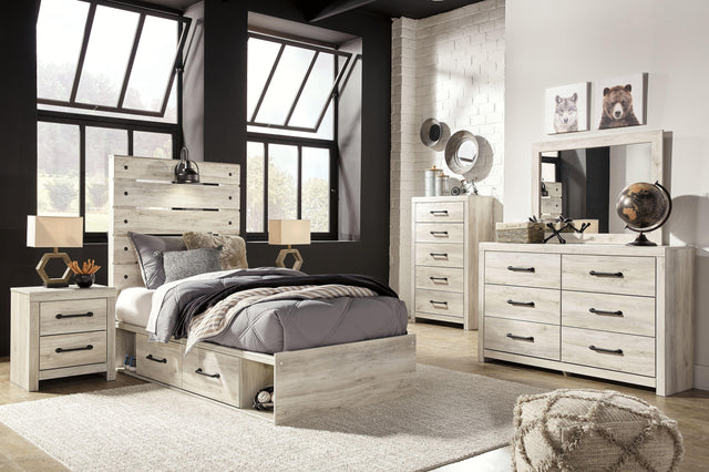 Ashley Cambeck - Whitewash - 7 Pc. - Dresser, Mirror, Twin Panel Bed with 4 Storage Drawers