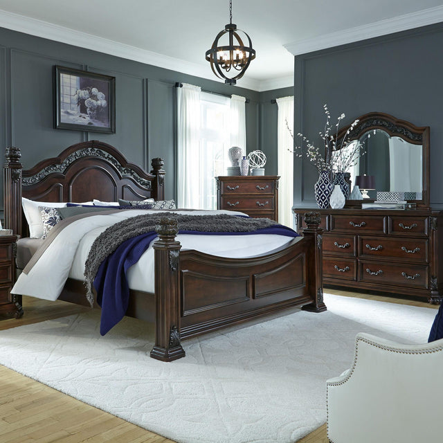 Liberty Furniture Messina Estates - 4 Piece Bedroom Set (King Poster Bed, Dresser & Mirror, Chest) - Dark Brown