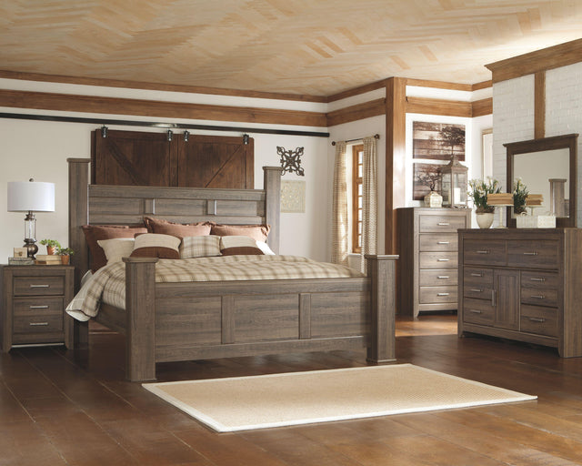 Ashley Juararo - Dark Brown - 6 Pc. - Dresser, Mirror, Chest, California King Poster Bed