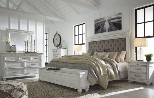 Ashley Kanwyn - Whitewash - 6 Pc. - Dresser, Mirror, Chest, Queen Upholstered Bed With Storage Bench