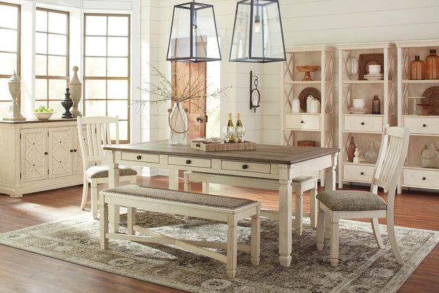 Ashley Bolanburg - Beige - 9 Pc. - Dining Room Table, 2 Side Chairs, Bench (2), Server, 3 Cabinets