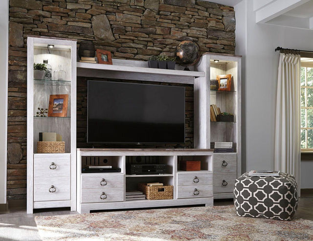 Ashley Willowton - 4 Pc. - Entertainment Center - 64" TV Stand with Fireplace Option - Whitewash