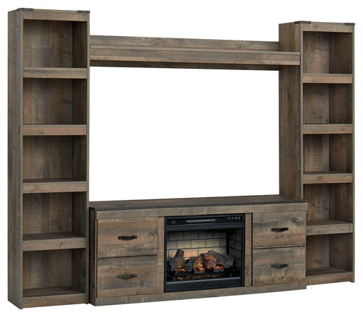 Ashley Trinell - Brown - 4-Piece Entertainment Center With 60" TV Stand And Faux Firebrick Fireplace Insert