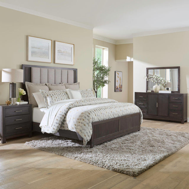 Liberty Furniture Modern Edge - 4 Piece Bedroom Set (King California Upholstered Bed, Dresser & Mirror, Night Stand) - Caffe