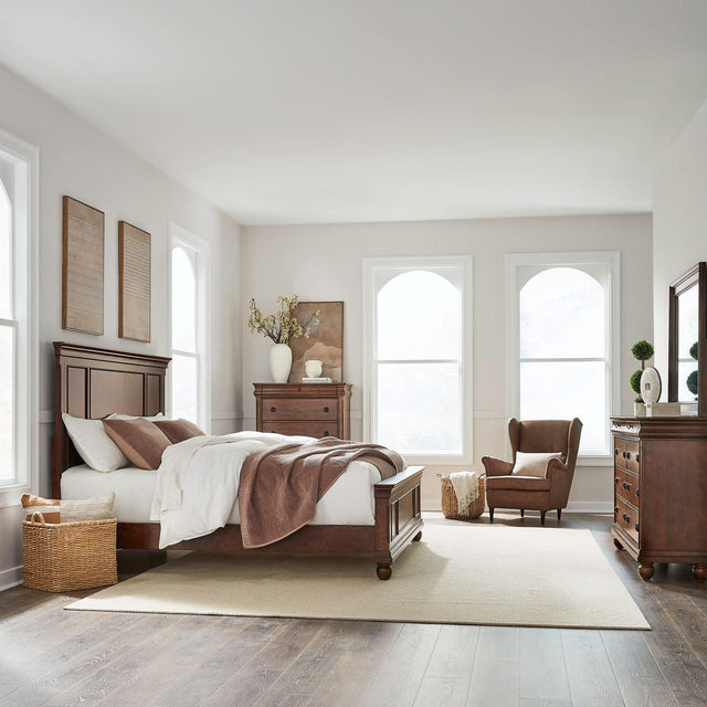 Liberty Furniture Rustic Traditions - 4 Piece Bedroom Set (King Panel Bed, Dresser & Mirror, Chest) - Cherry