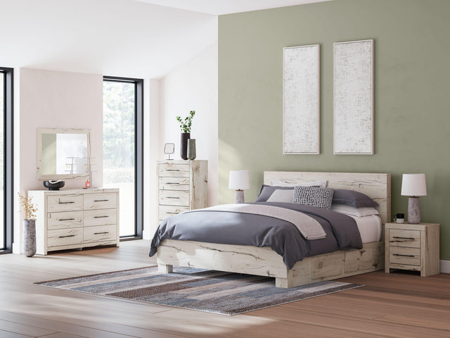 Ashley Lawroy - Light Natural - 7 Pc. - Dresser, Mirror, King Panel Bed With Under Bed Storage