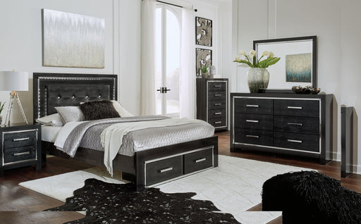 Ashley Kaydell - Black - 6 Pc. - Dresser, Mirror, Chest, Queen Upholstered Panel Bed With 2 Storage Drawers