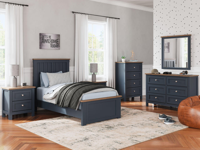 Ashley Landocken - Brown / Blue - 7 Pc. - Dresser, Mirror, Twin Panel Bed, 2 Nightstands
