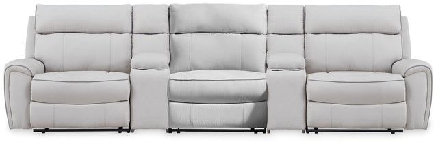 Ashley Social Pointe - 5-Piece Power Reclining Sectional With Storage Consoles And Power Armless Recliner - Pearl / Ash