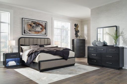 Ashley Rowanbeck - Gray / Black - 7 Pc. - Dresser, Mirror, Chest, California King Upholstered Panel Bed, 2 Nightstands