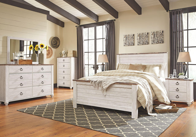 Ashley Willowton - Whitewash - 7 Pc. - Dresser, Mirror, Queen Panel Bed, 2 Nightstands