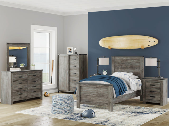 Ashley Frandern - 7 Pc. - Dresser, Mirror, Twin Panel Bed, 2 Nightstands - Black / Gray