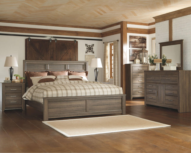 Ashley Juararo - Dark Brown - 7 Pc. - Dresser, Mirror, California King Panel Bed, 2 Nightstands
