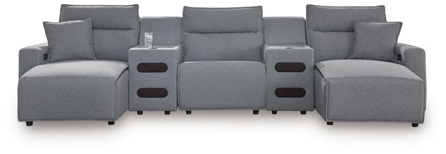 Ashley Modmax - Salt And Pepper - 5-Piece Power Reclining Sectional With Double Chaise And 2 Audio Consoles