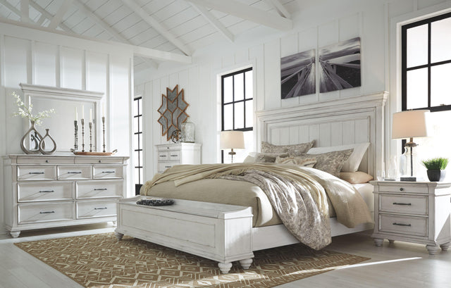 Ashley Kanwyn - Whitewash - 5 Pc. - Dresser, Mirror, King Panel Bed with Storage Bench