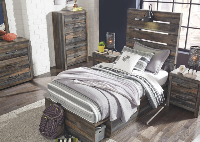 Ashley Drystan - Brown / Beige - 8 Pc. - Dresser, Mirror, Chest, Twin Panel Bed with 4 Side Drawers