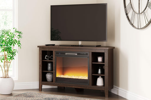 Ashley Camiburg - Warm Brown - Corner TV Stand With Fireplace Insert Glass/Stone