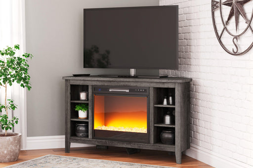 Ashley Arlenbry - Gray - Corner TV Stand With Glass/Stone Fireplace Insert