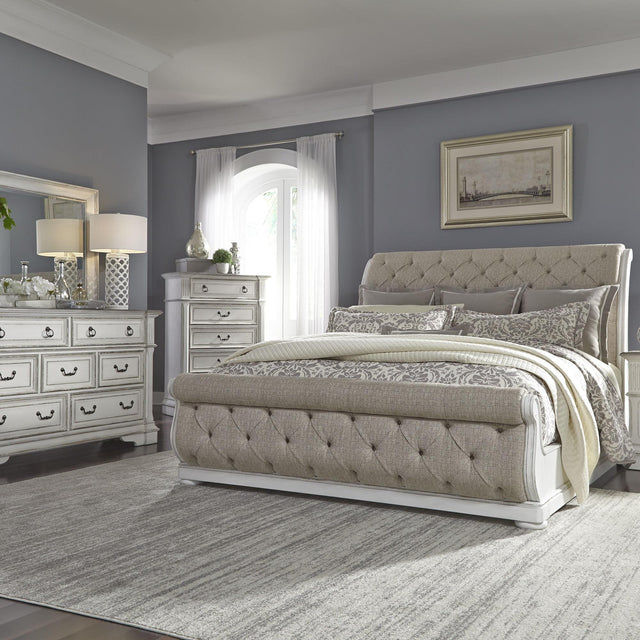 Liberty Furniture Abbey Park - 4 Piece Bedroom Set (King Upholstered Sleigh Bed, Dresser & Mirror, Chest) - White