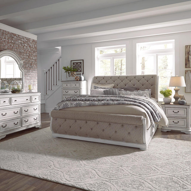 Liberty Furniture Magnolia Manor - 5 Piece Bedroom Set (California King Upholstered Sleigh Bed, Dresser & Mirror, Chest, Nightstand) - White