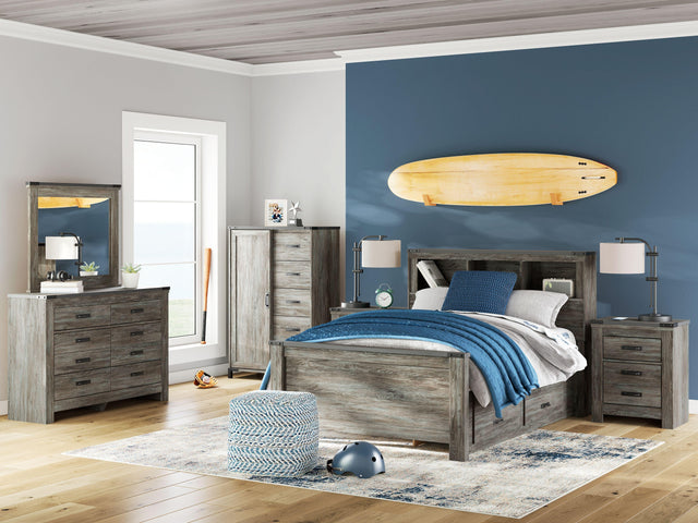 Ashley Frandern - 7 Pc. - Dresser, Mirror, Dressing Chest, Full Bookcase Panel Bed With Storage - Gray