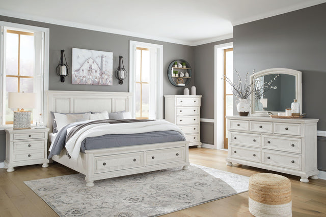 Ashley Robbinsdale - Antique White - 5 Pc. - Dresser, Mirror, King Panel Storage Bed, 2 Nightstands