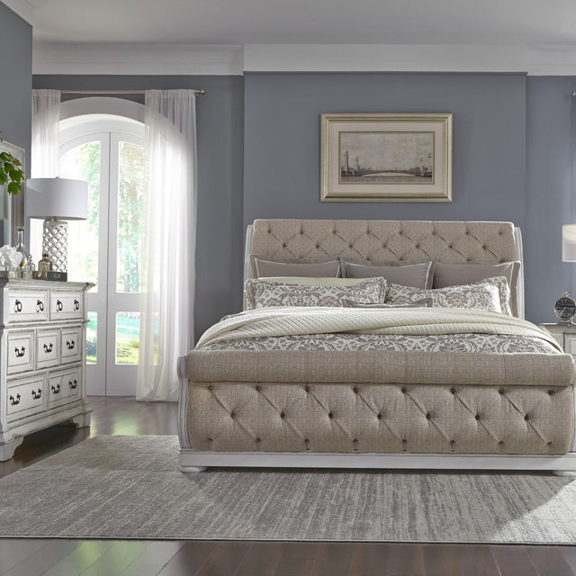 Liberty Furniture Abbey Park - 3 Piece Bedroom Set (King Upholstered Sleigh Bed, Dresser & Mirror) - White