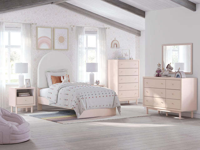 Ashley Wistenpine - Blush - 9 Pc. - Dresser, Mirror, Chest, Twin Upholstered Panel Bed, 2 Nightstands