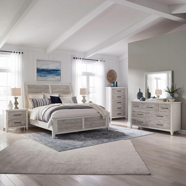 Liberty Furniture Backroads - 5 Piece Bedroom Set (King California Sleigh Bed, Dresser & Mirror, Chest, Night Stand) - Weathered White & Parchment Brown