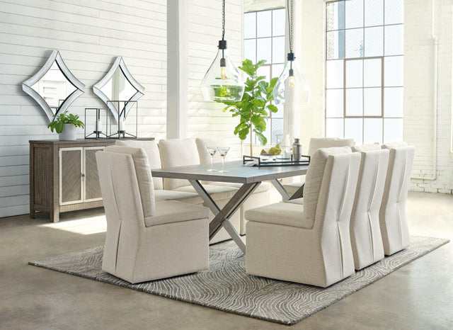 Ashley Krystanza - 9 Pc. - Dining Room Table, 8 Oatmeal Side Chairs, Server - Weathered Gray