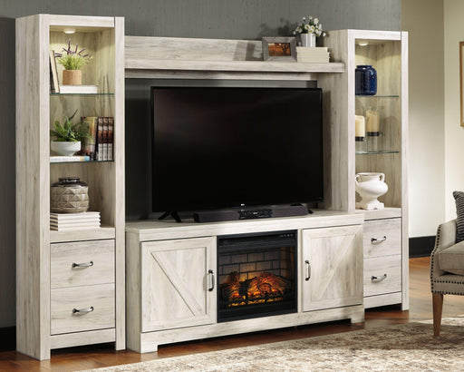 Ashley Bellaby - Whitewash - Entertainment Center - TV Stand With Faux Firebrick Fireplace Insert