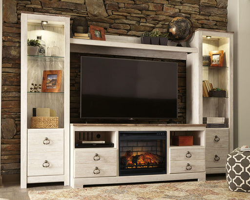 Ashley Willowton - Whitewash - Entertainment Center - TV Stand With Faux Firebrick Fireplace Insert