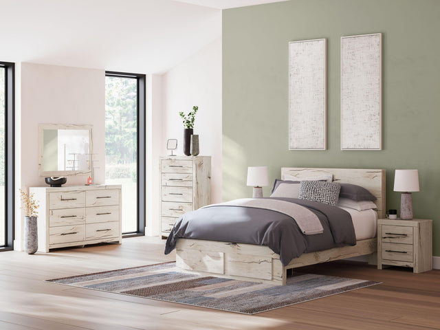 Ashley Lawroy - Light Natural - 6 Pc. - Dresser, Mirror, Queen Panel Bed With Storage Footboard