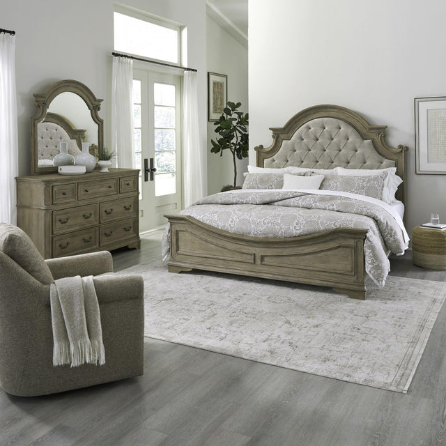 Liberty Furniture Magnolia Manor - 3 Piece Bedroom Set (King Upholstered Bed, Dresser & Mirror) - Light Brown