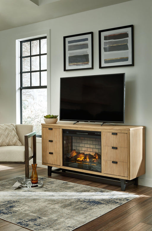 Ashley Freslowe - Light Brown / Black - TV Stand With Electric Infrared Fireplace Insert