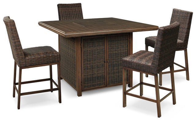 Ashley Paradise Trail - Medium Brown - 5 Pc. - Outdoor Counter Height Dining Table With 4 Barstools