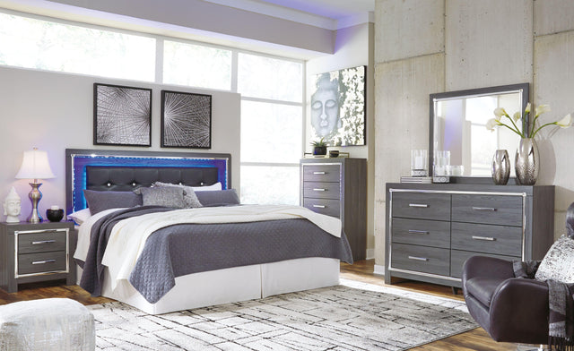 Ashley Lodanna - Gray - 6 Pc. - Dresser, Mirror, Chest, King Upholstered Panel Headboard with Bolt on Bed Frame, Nightstand