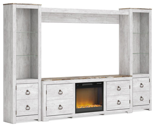Ashley Willowton - Whitewash - 4-Piece Entertainment Center With 72" TV Stand And Glass/Stone Fireplace Insert