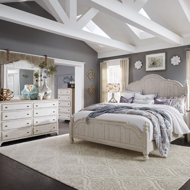 Liberty Furniture Farmhouse Reimagined - 4 Piece Bedroom Set (King Poster Bed, Dresser & Mirror, Chest) - White