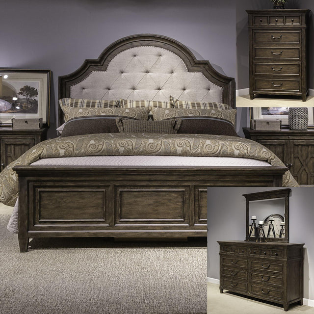 Liberty Furniture Paradise Valley - 4 Piece Bedroom Set (King Upholstered Bed, Dresser & Mirror, Chest) - Dark Brown