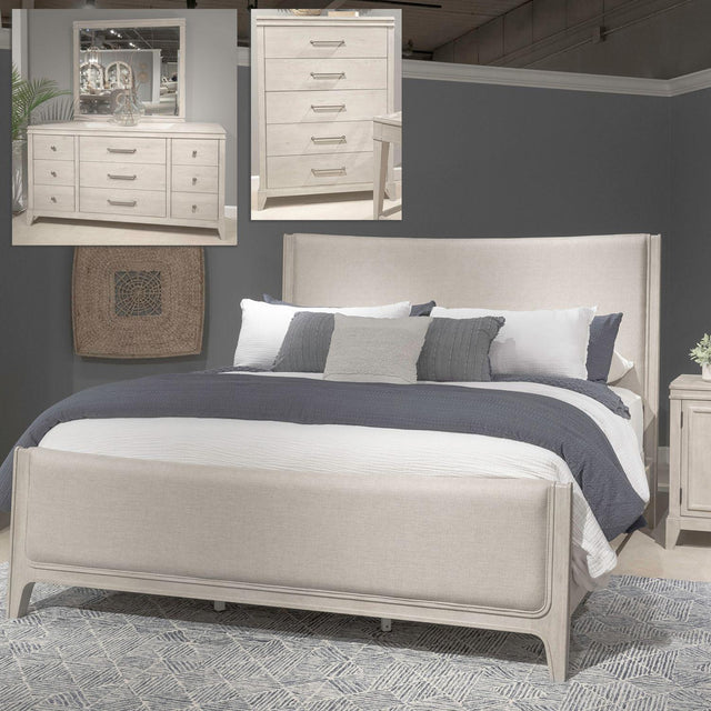Liberty Furniture New Haven - 4 Piece Bedroom Set (California King Upholstered Bed, Dresser & Mirror, Chest) - White