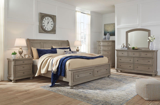 Ashley Lettner - Light Gray - 8 Pc. - Dresser, Mirror, Chest, Queen Sleigh Bed with 2 Storage Drawers, 2 Nightstands