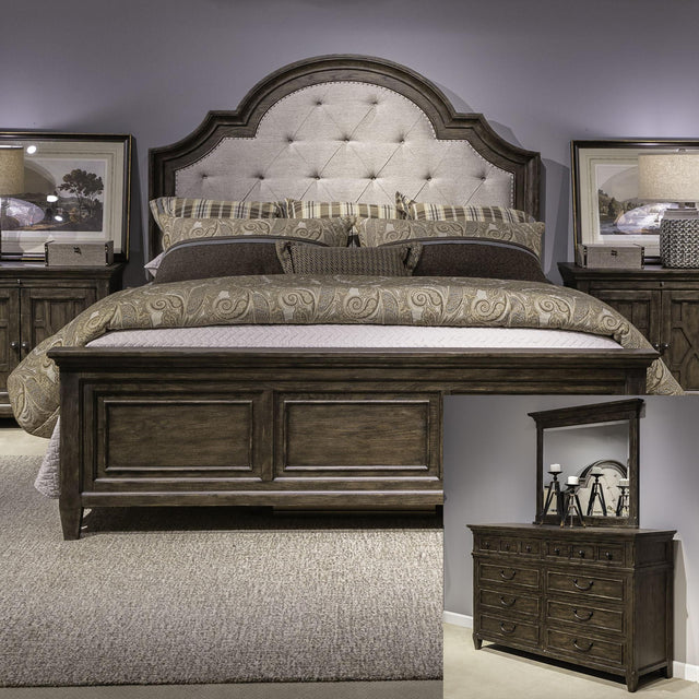 Liberty Furniture Paradise Valley - 3 Piece Bedroom Set (Queen Upholstered Bed, Dresser & Mirror) - Dark Brown